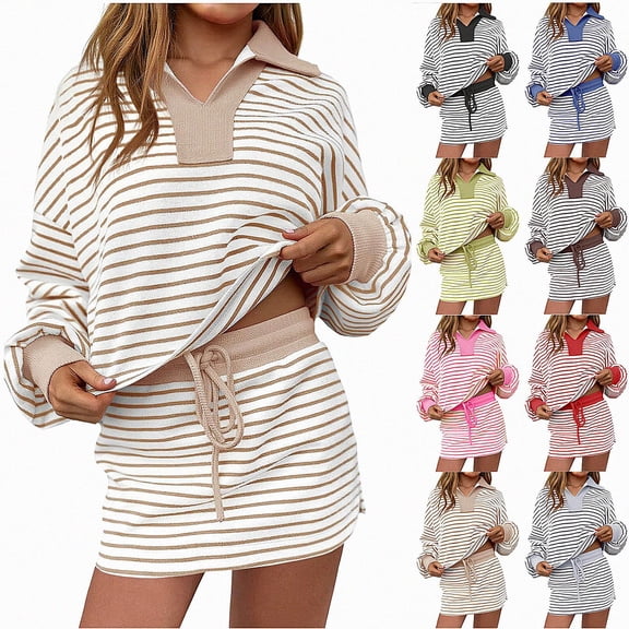 Vornjynx Womens 2 Piece Sets Fall Outfits Striped V Neck Turn Down Collar Long Sleeve Tops Drawstring Skirt Lounge Matching Sets Khaki Size 2XL