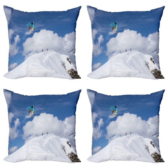 Ambesonne Winter Throw Pillow Cover 4 Pack, Snowboarder Mountaintop, 16", Blue White