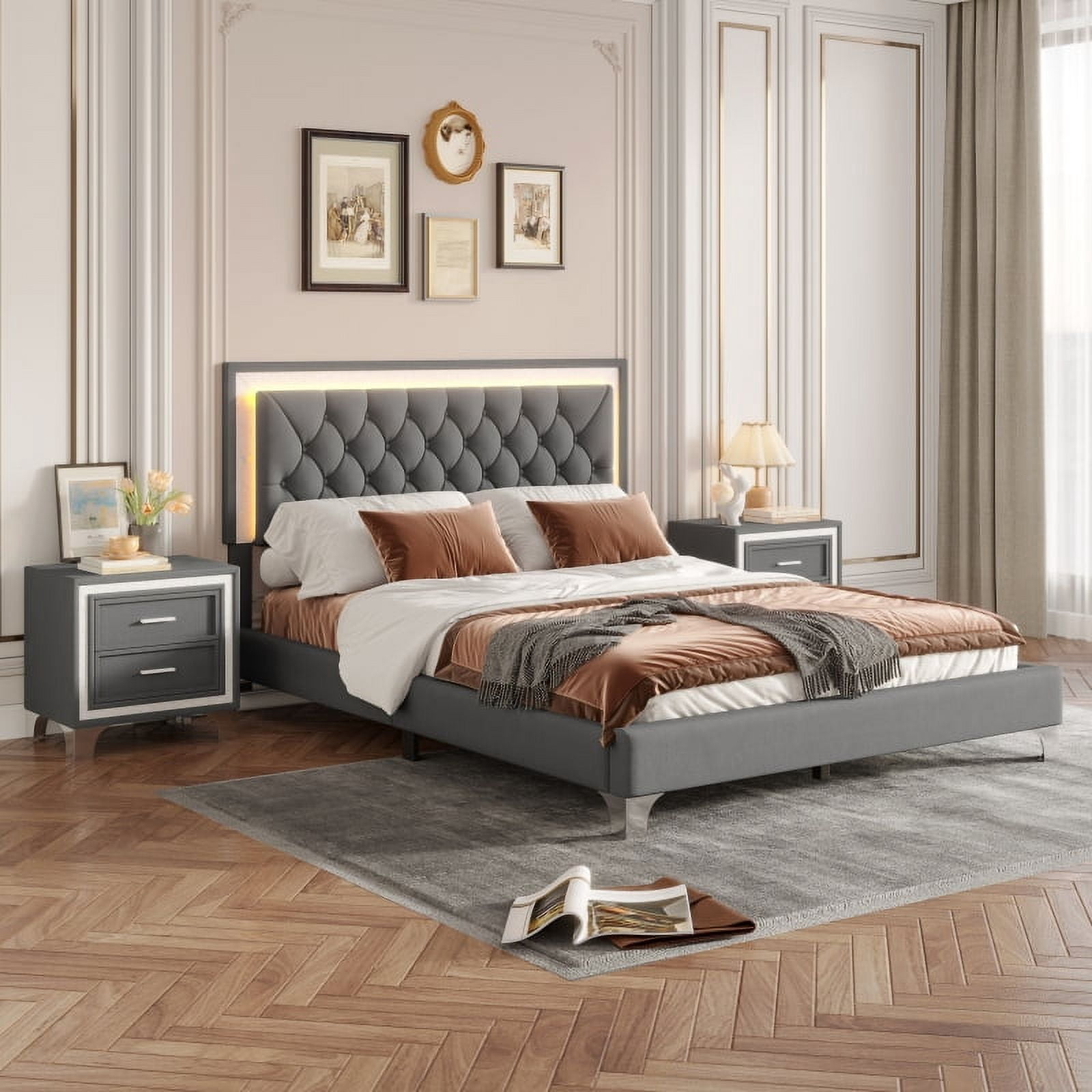 [Luckynote]3-Pieces Bedroom Sets,Queen Size Upholstered Platform Bed with LED Lights and Two Nightstands-Gray