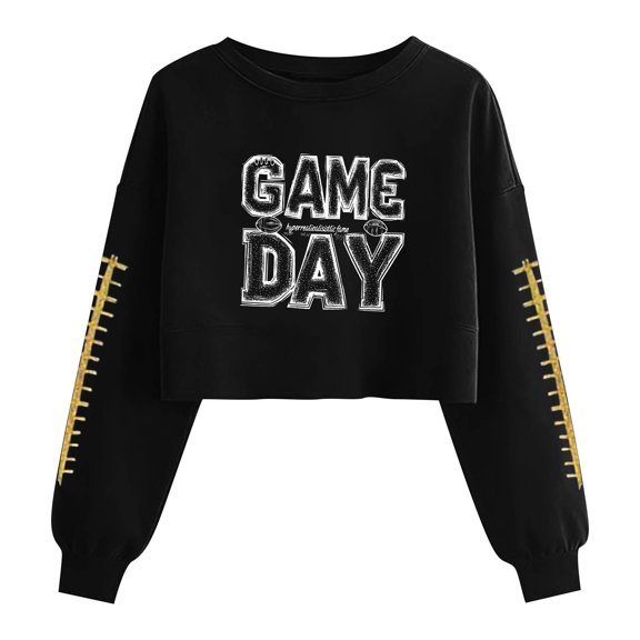 Gamivast Womens Graphic Sweatshirts Game Day Block Letter Graphic Crew Neck Long Sleeve Cropped Sweatshirts Pullover Tops Casual Athletic Wear Outfits