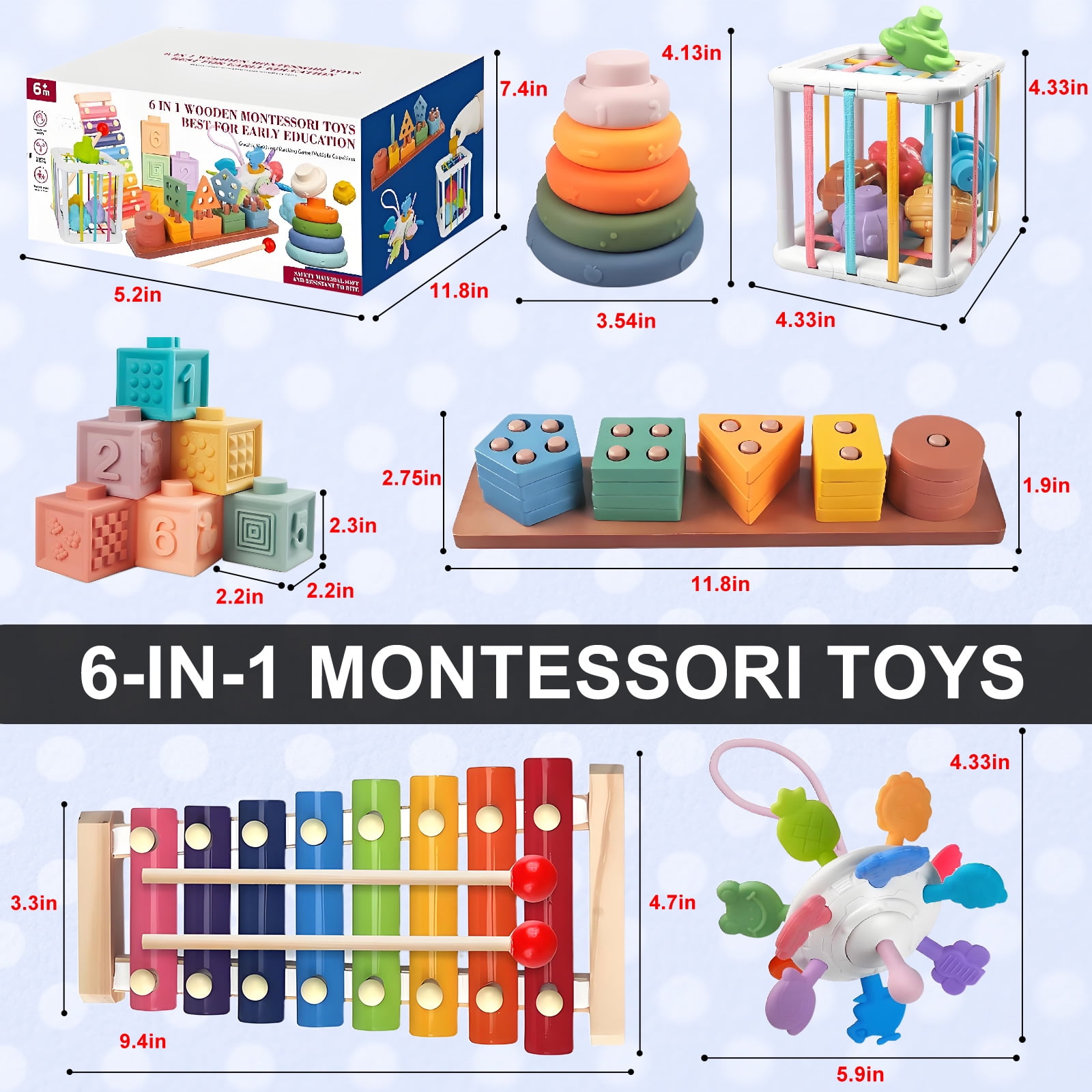 6 in 1 Montessori Baby Toys, Xylophone Musical, Infant Teethers Toys, Wooden Sorting Stacking Learning Toys Birthday Gift for Toddlers 1 2 3