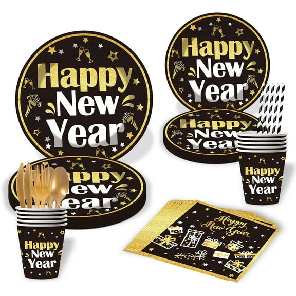 New Years Eve Party Supplies 2026, Happy New Year Paper Plates and Napkins, Disposable Dinnerware Set Black Gold Plates Napkins Cup Knife Fork Spoon for New Year Eve Party Decorations