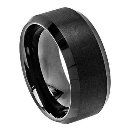 10mm For Men or Ladies - Black Enamel Beveled edge Brushed Center High Tungsten Carbide Wedding Band Ring