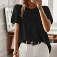 thumbnail image 2 of MIXUE Boho Tops For Women Summer Solid Color Lace Crew Neck Short Sleeve Pullover Shirts For Women Tee Shirts Holiday Wear,Black,L, 2 of 7