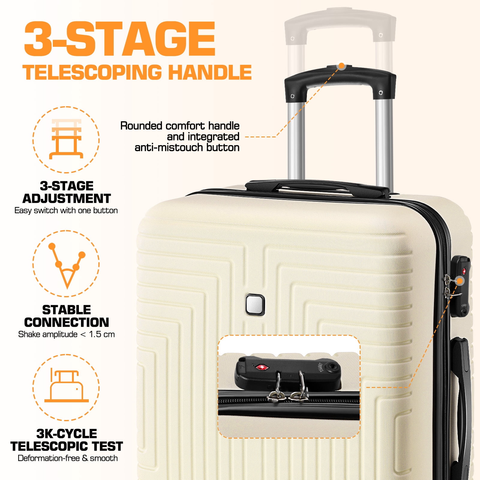SANOPY 5 Piece Luggage Set(20/24/28) , Hardside Lightweight ABS+PC Suitcase Set with Expandable Duffel Bag + Toiletry Bag, Spinner Wheels and TSA Lock, Beige