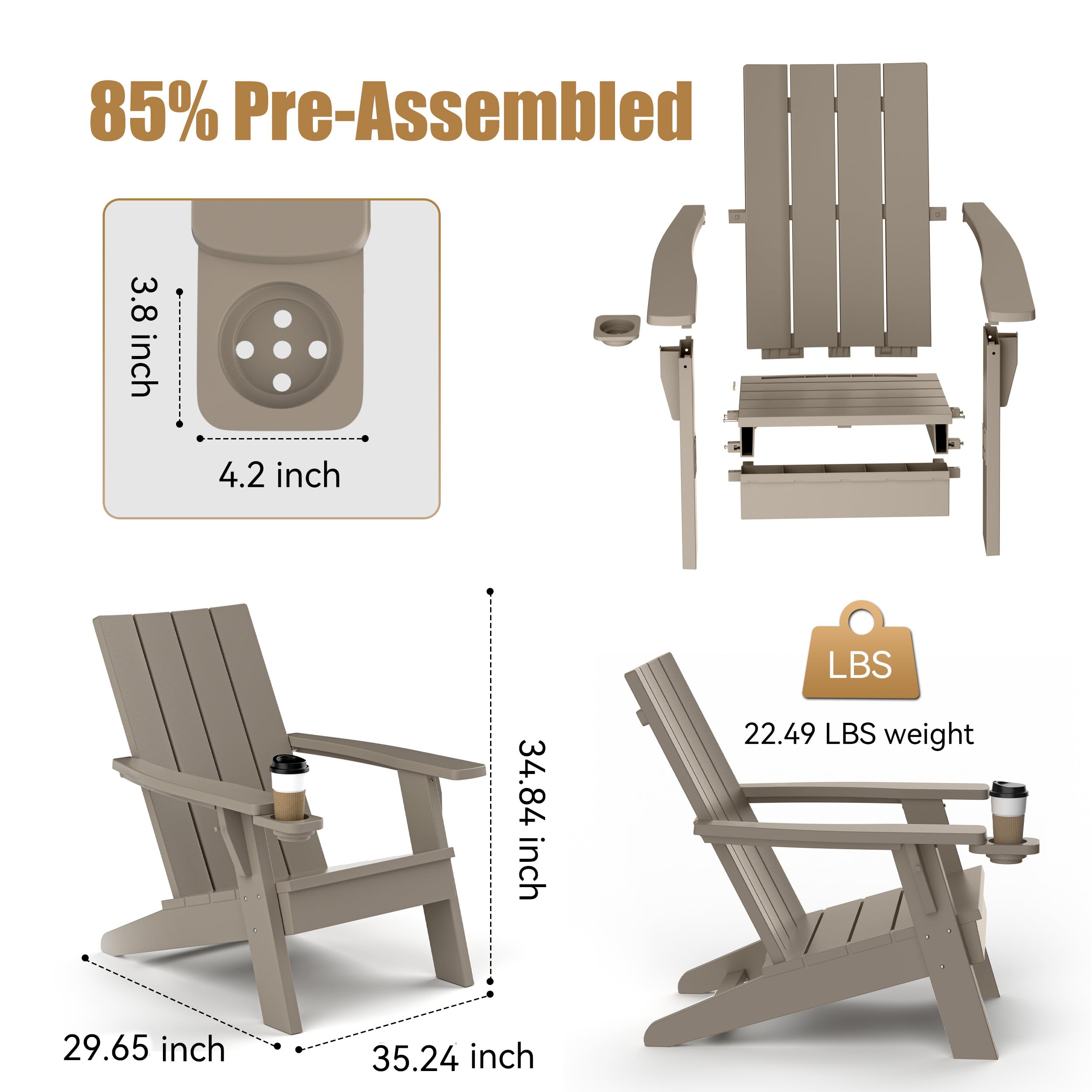 EasyUp All-Weather Resin Adirondack Chair with Wooden Texture and Cup Holder for Outdoor Deck, Backyard, Patio & Garden