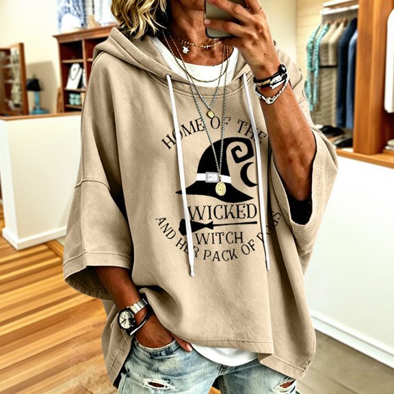 Halloween Hoodies for Women Drawstring 3/4 Sleeve Trendy Print Hoodie Fall Clothes Crewneck Sweatshirts Loose Fit Trendy Tops Winter Clothing Daily Travel Outfits