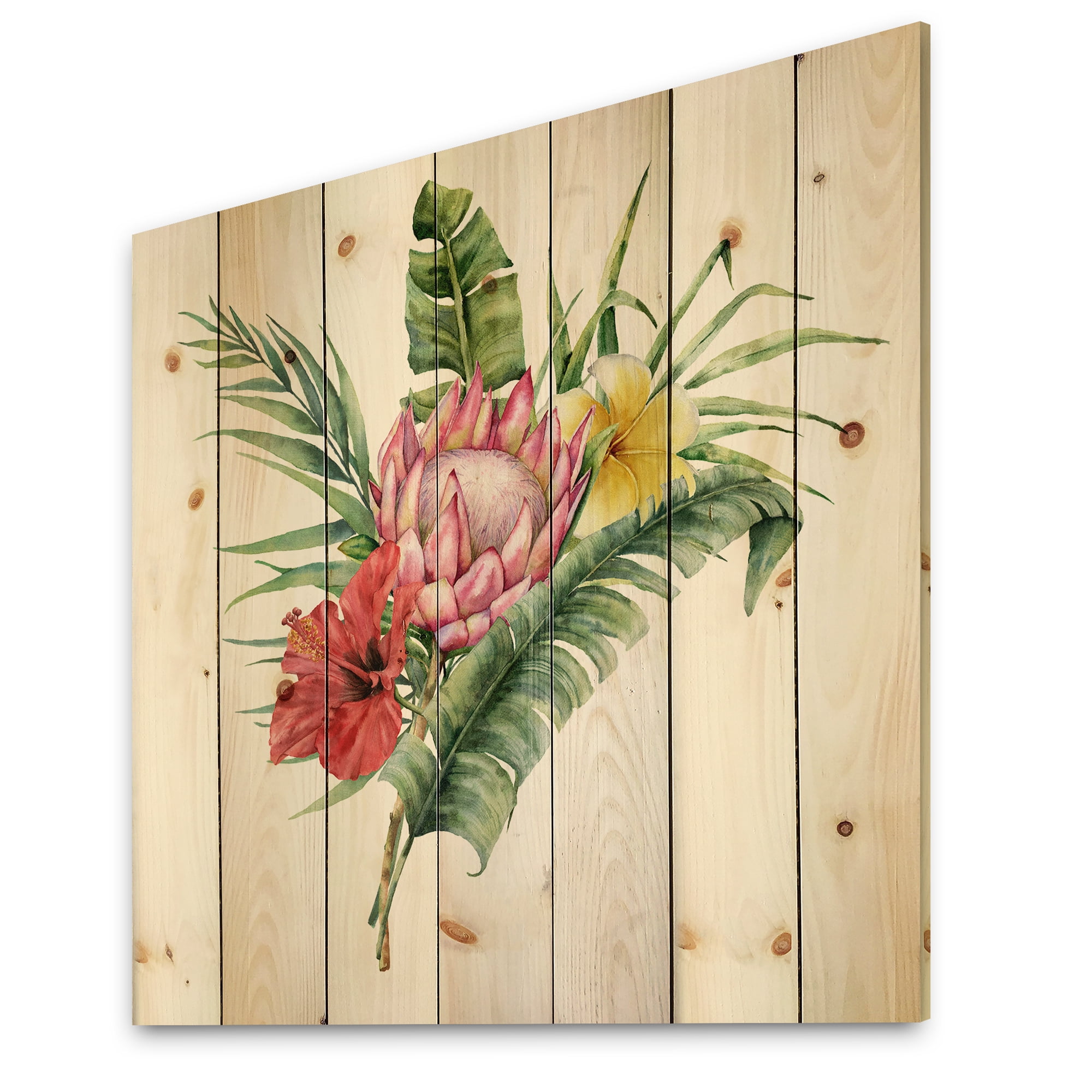 Designart 'Flowers Bouquet With Protea Plumeria Hibiscus' Traditional Print on Natural Pine Wood