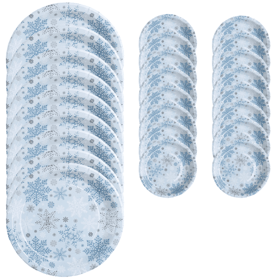 Winter Snowflake Paper Plates Set – 10 Dinner Plates (10.25”) & 16 Dessert Plates (7.5”) – Blue Silver Holiday Disposable Tableware by Clear Above™