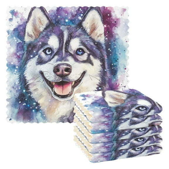 6 Pieces of Kitchen Towels 11x11Inch Kitchen Dish Cloths Kitchen Dish Towels Reuseable Cleaning Cloths Beautiful Husky Dog