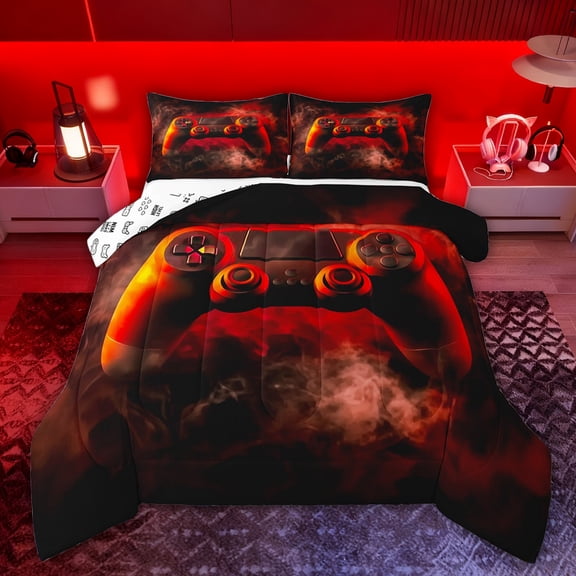 Castle Fairy Children Gradient Video Game Twin Comforter Sets,Black Red Ombre Bedding Set
