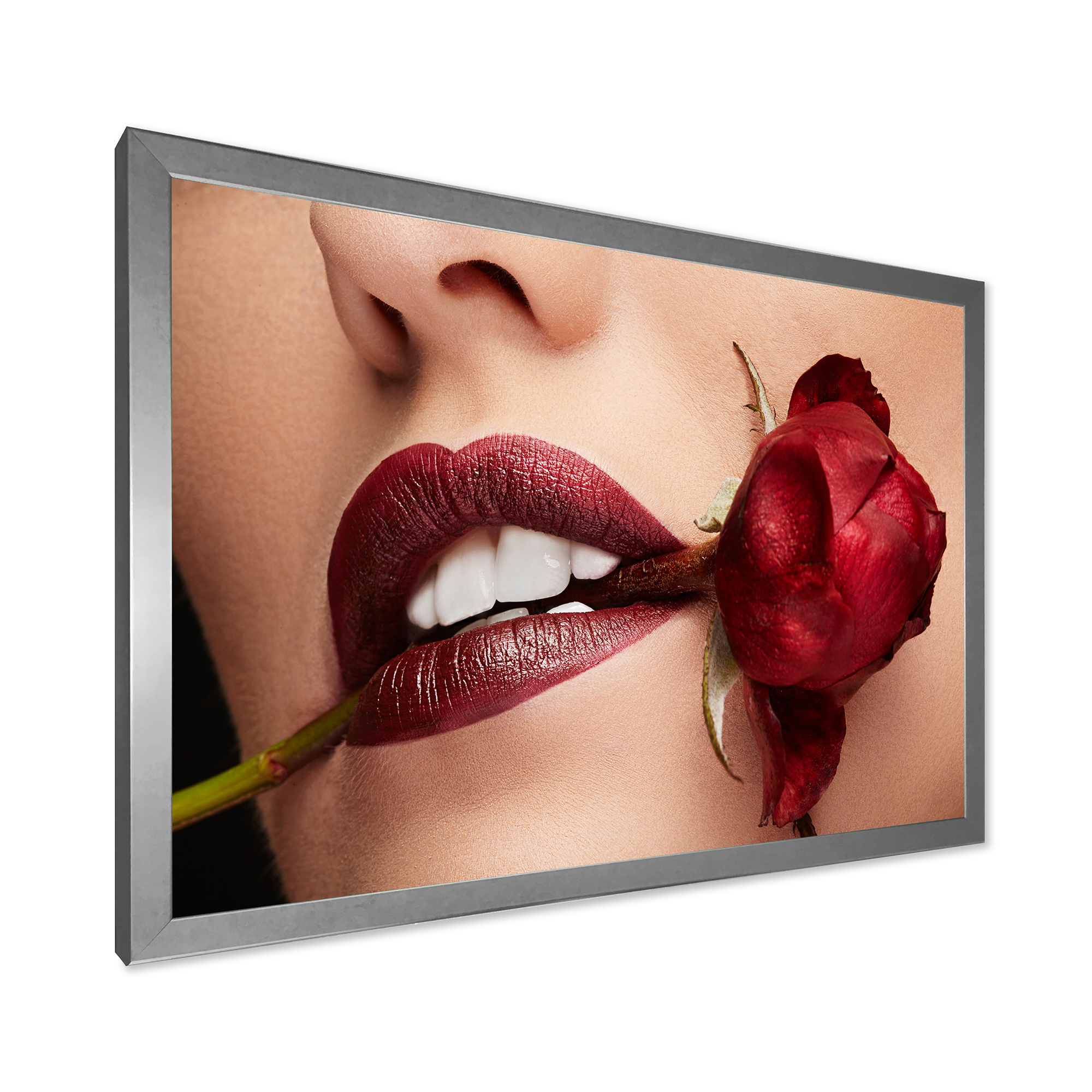 Designart 'Girl With Red Lipstick Holding A Rose In Mouth' Modern Framed Art Print