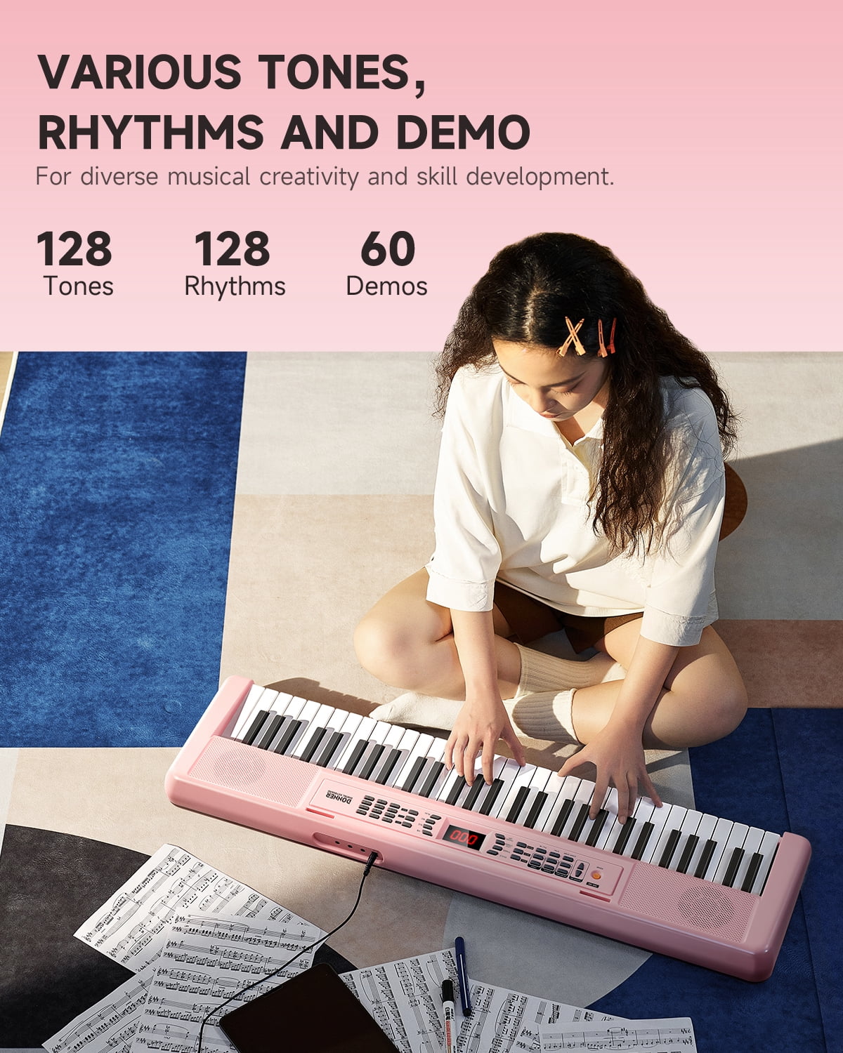 Donner DEK-100 61-Key Portable Digital Piano for Beginners, 128 Tones & Rhythms, Sustain Pedal, Auto Accompaniment, Lightweight & Compact, Pink