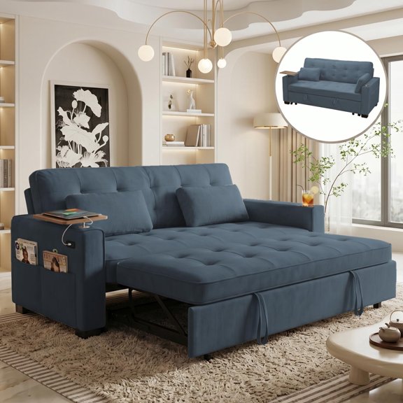 Ucloveria Convertible Sofa Bed with Pull-Out Sleeper, 6-Level Adjustable Backrest, USB Charging Port, Cup Holder & Side Table, Chenille Loveseat Couch for Living Room Apartment Guest Room, Blue