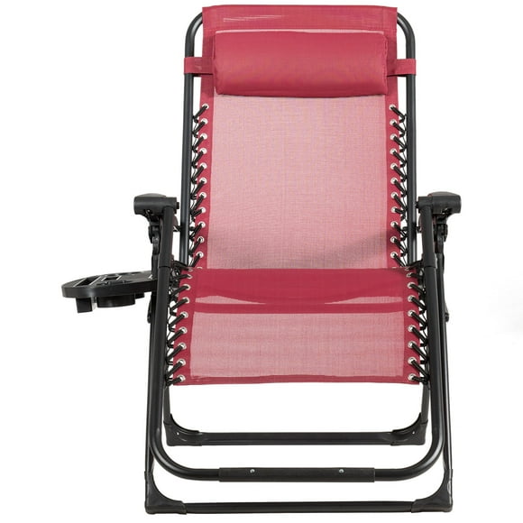Patiojoy Oversized Zero Gravity Lounge Chair Folding Recliner w/ Cup Holder & Pillow, Wine Red