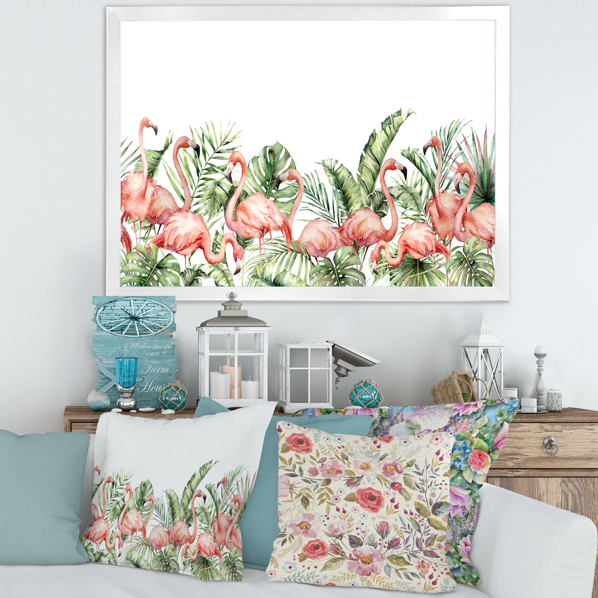 Designart 'Palm Leaves and Pink Flamingos Tropical Birds' Traditional Framed Art Print