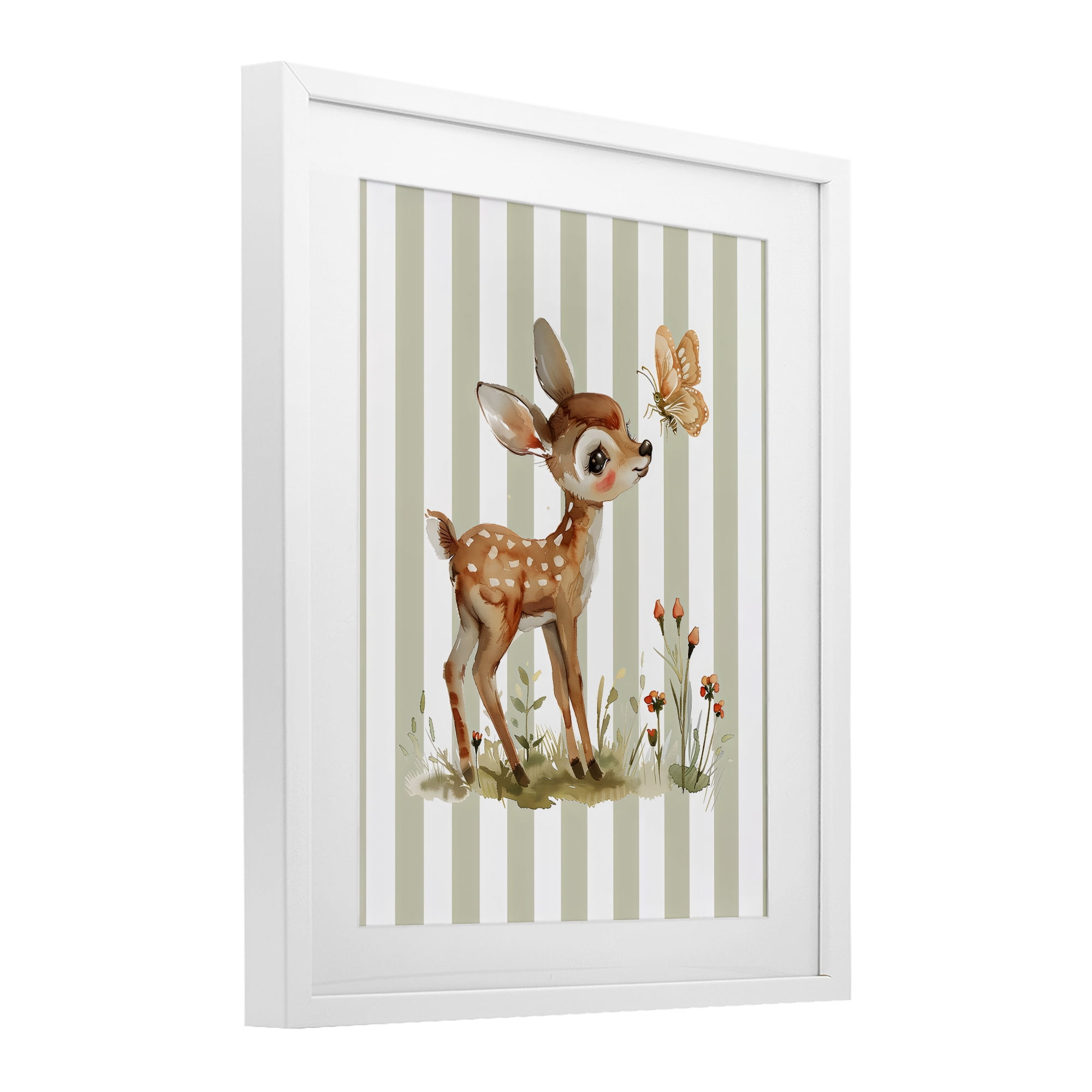 Stupell Industries Baby Deer with Butterfly White Framed Print Under Glass, design by LSR Design Studio
