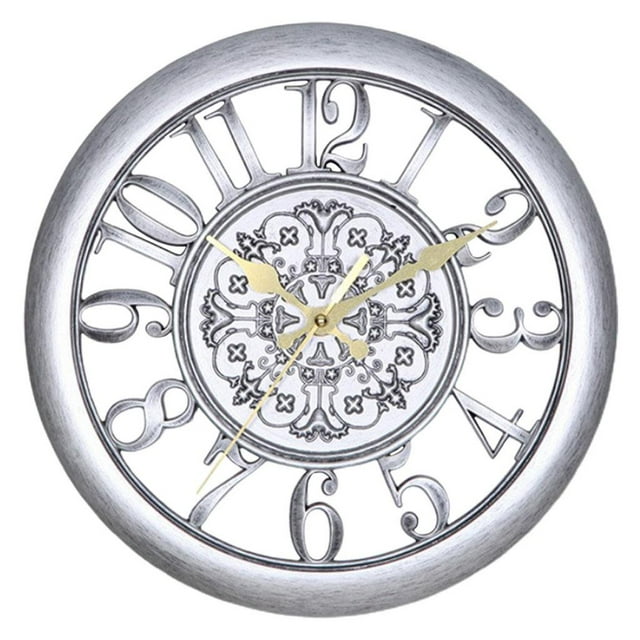Reloj de pared retro de 28 cm (11") sin tictac, decorativo, de cuarzo, funciona con pilas, redondo, para interiores Plata