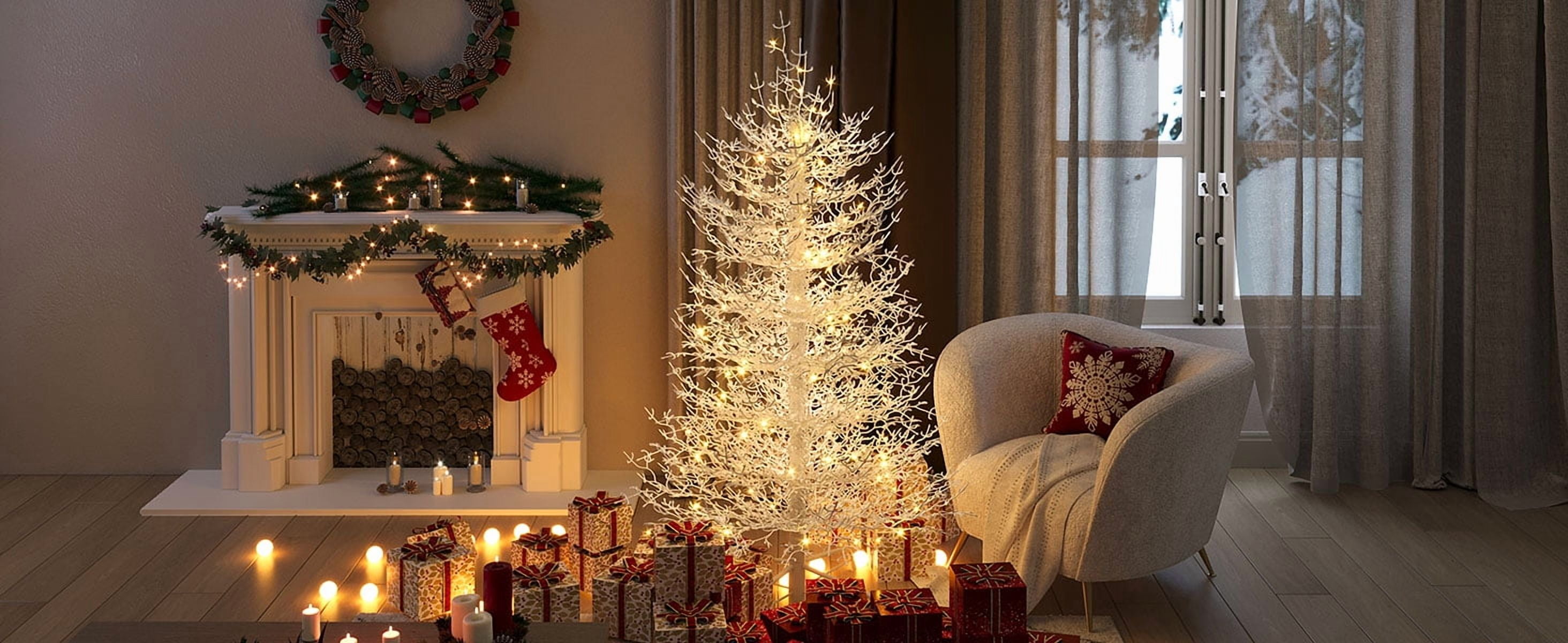 Euroco 4FT Pre-lit Aspen Fir Artificial Christmas Tree, Hinged Xmas Tree 280 Snow Flocked Branch Tips, 230 Warm Yellow LED Lights, Holiday Coral Christmas Tree for Home Party
