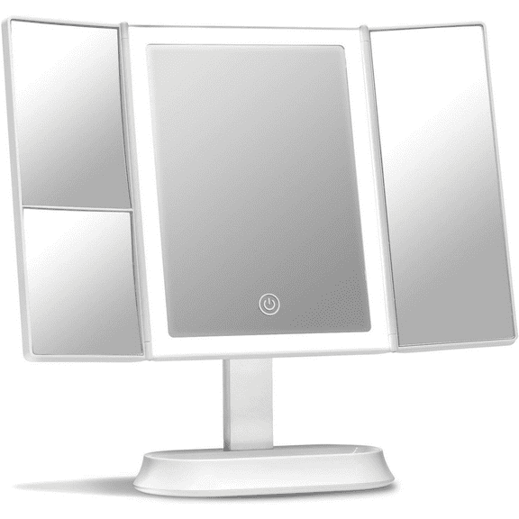 Makeup Mirror with Natural LED Lights, Lighted Trifold Vanity Mirror with 5X & 7X Magnifications - 40 Dimmable Lights, Touch Screen, Cosmetic Stand - Sora (White)