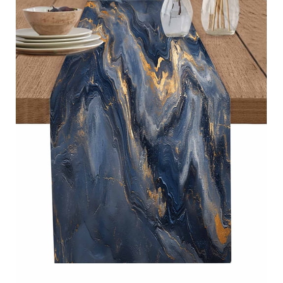 Ldtrchee Blue Yellow Table Runner 72 Inches, Abstract Modern Marble Ink Painted Bed Runner Dresser Scarves Tabletop for Indoor Outdoor Parties/Ceremony/Banquet, 13" x 72"