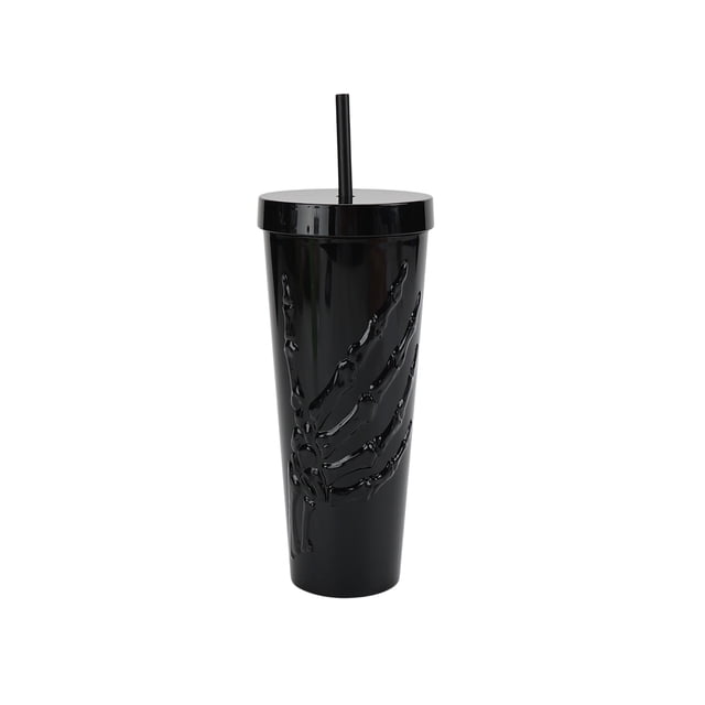 27 oz black acrylic tumbler featuring an embossed skeleton hand design, topped with a matching lid and straw.