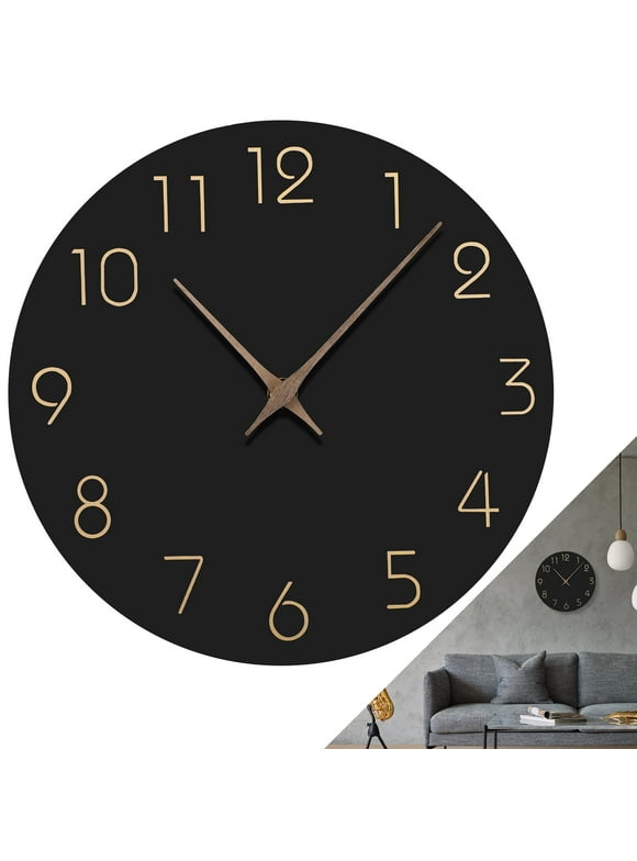TSV 10'' Black Wall Clcok, Battery Operated Silent Non-Ticking Wood Analog Clock Decorative for Home Office