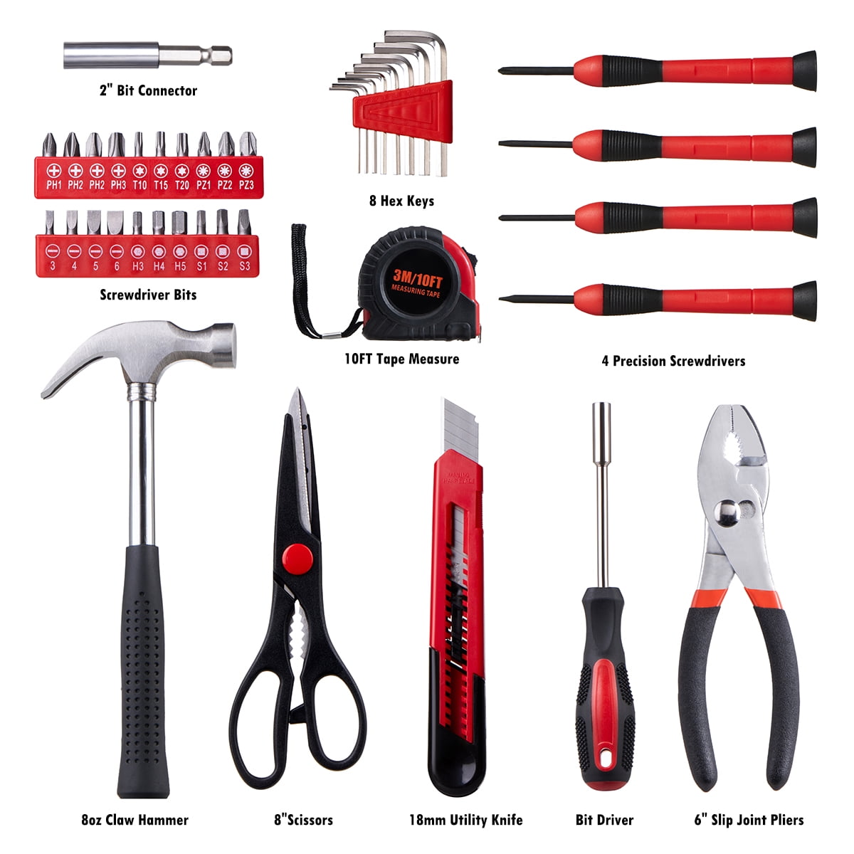 39 Piece Tool Set, Portable Household Hand Tool Kit with Plastic Tool Box, Apartment Essentials for Daily Appliance Repair, DIY and Craft, Small Tool Kit for Home, Office, Garage, Farm, Red