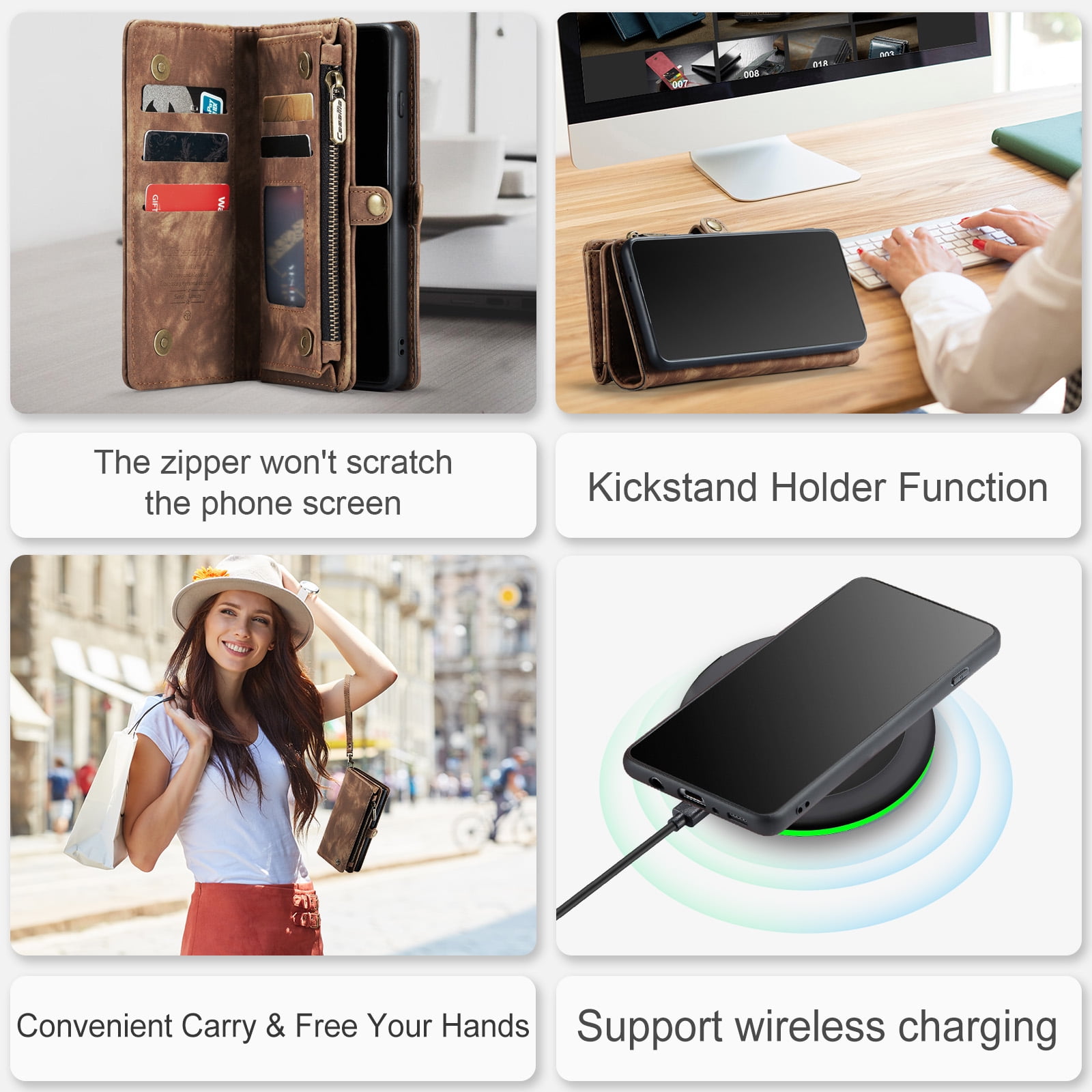 For Samsung Galaxy S10 Wallet Case,Multi-Functional Retro Leather Purse Flip Cover Zipper Wallet Case with Removable Card Slots Pocket & Detachable Wrist Strap Magnetic Phone Case, Darkbrown