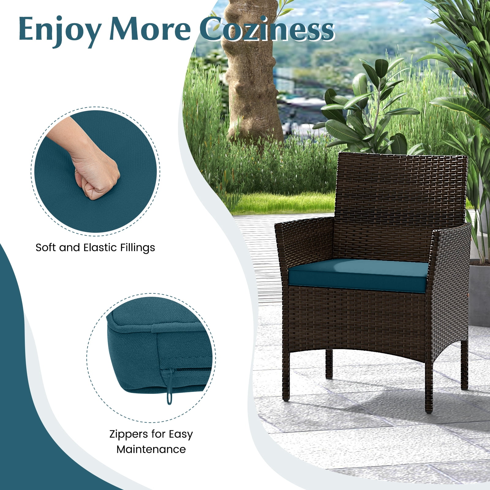 Topbuy 4 Piece Patio Rattan Conversation Set Outdoor Wicker Furniture Set w/ Chair Loveseat & Tempered Glass Table Peacock Blue
