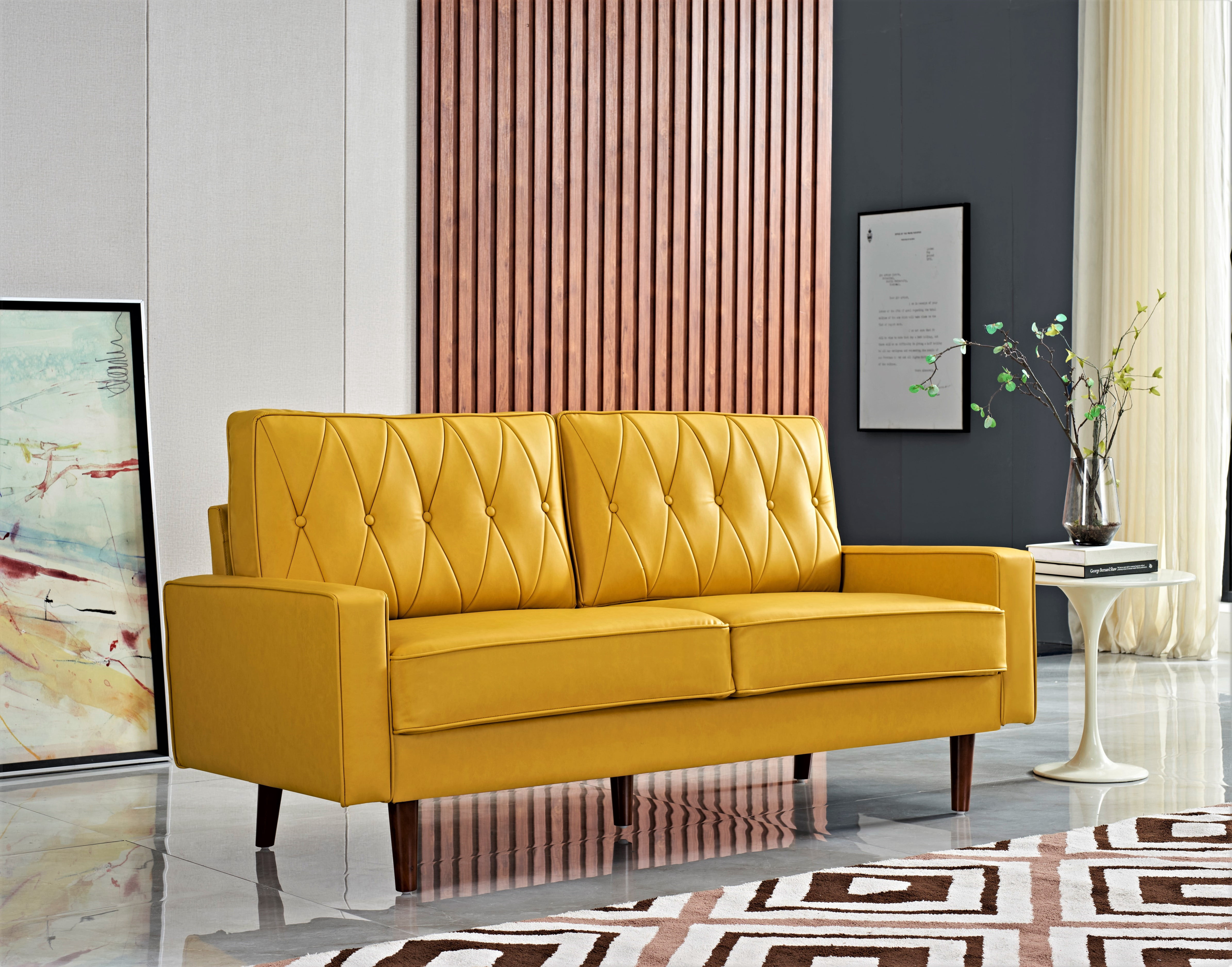 Uspridefurniture Acire 69.3" Faux Leather Cushion Back Sofa, Mustard Yellow