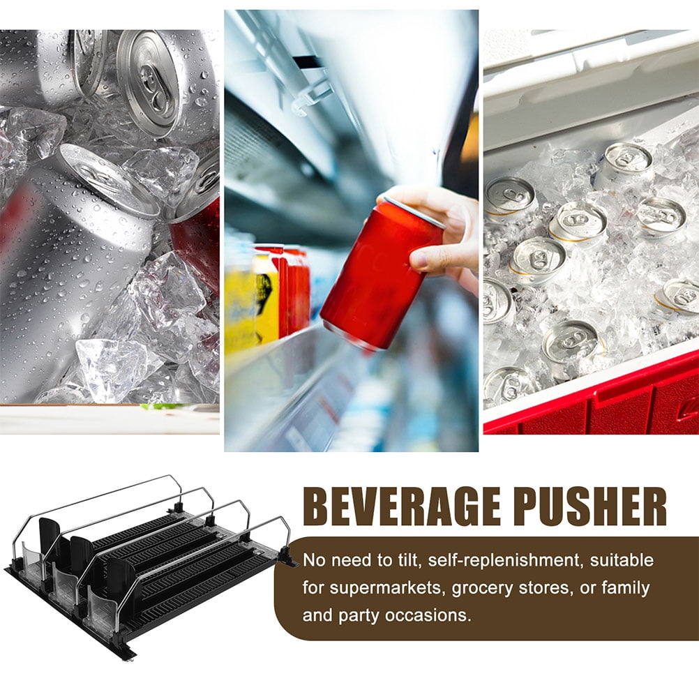 3-Pack Beverage Fridge Organizer with Self-Pushing Design, Black ABS & Stainless Steel, Refrigerator Shelf Storage Solution