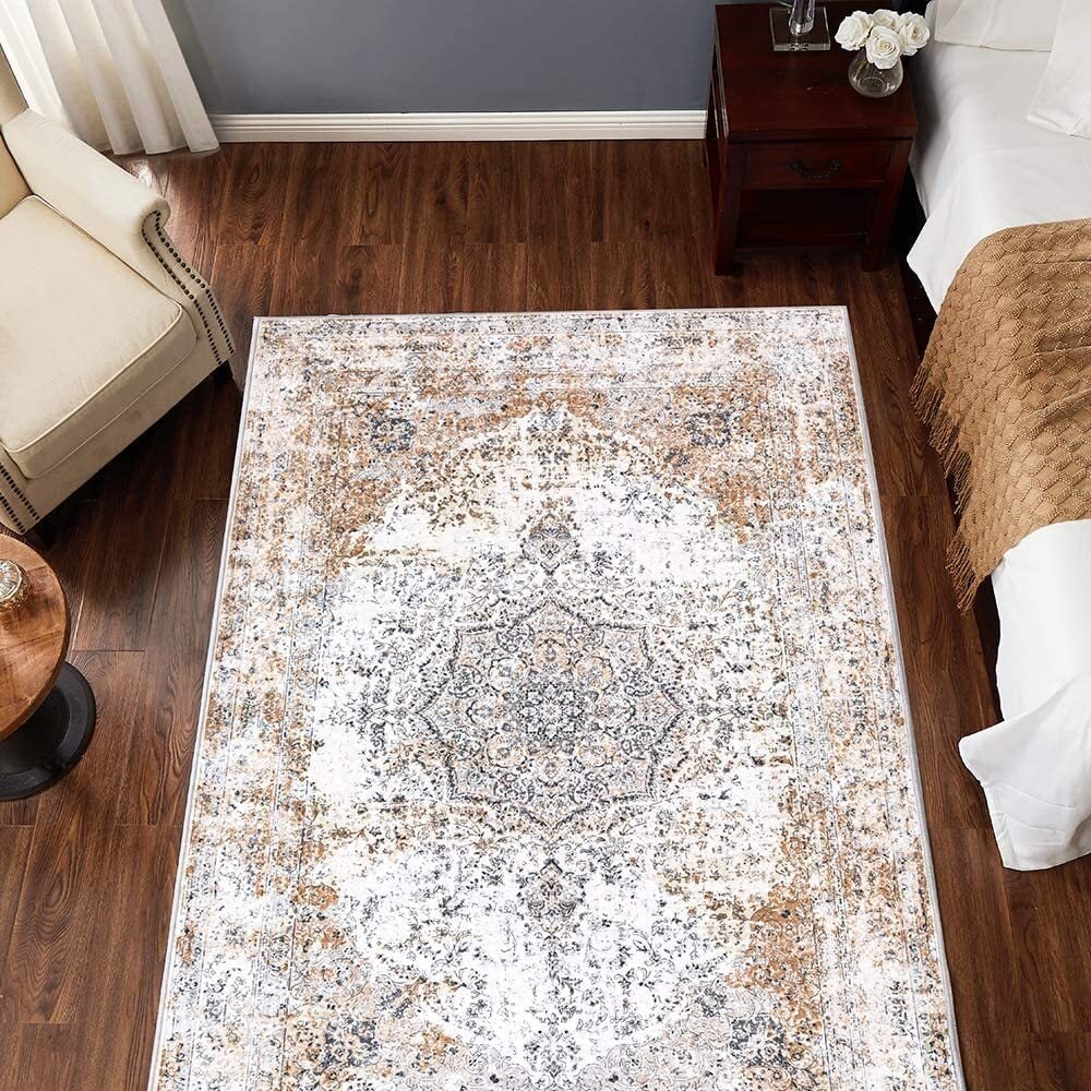 JINCHAN Area Rug 4x6 Foldable Taupe Persian Rug Floral Printed Distressed Carpet Vintage