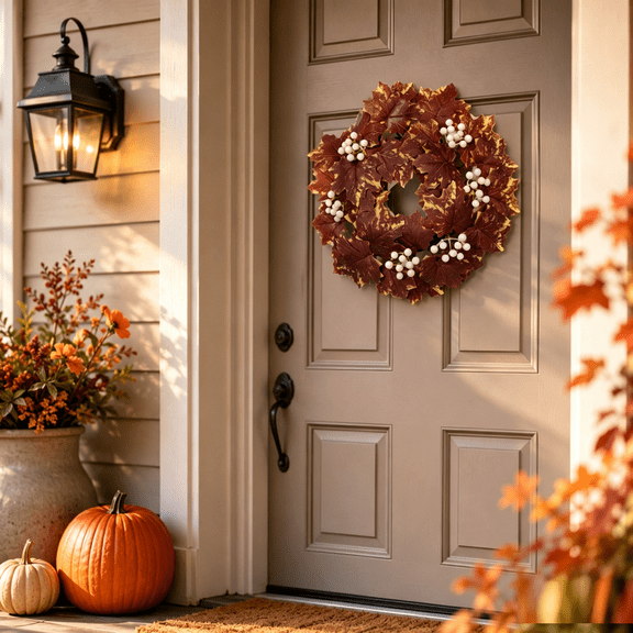 FXMLRLK Fall Decor - 15 lnch Artificial Fall Wreath for Front Door Autumn Wreath with Maple Leaves and Berries for Farmhouse Indoor Outdoor Window Wall Door Decor
