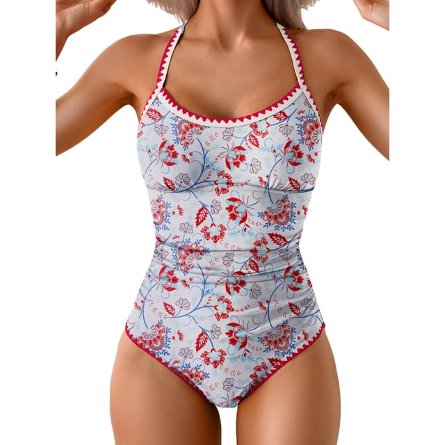 Traje de baño de una pieza Eomenie Tummy Control con estampado floral rojo fruncido