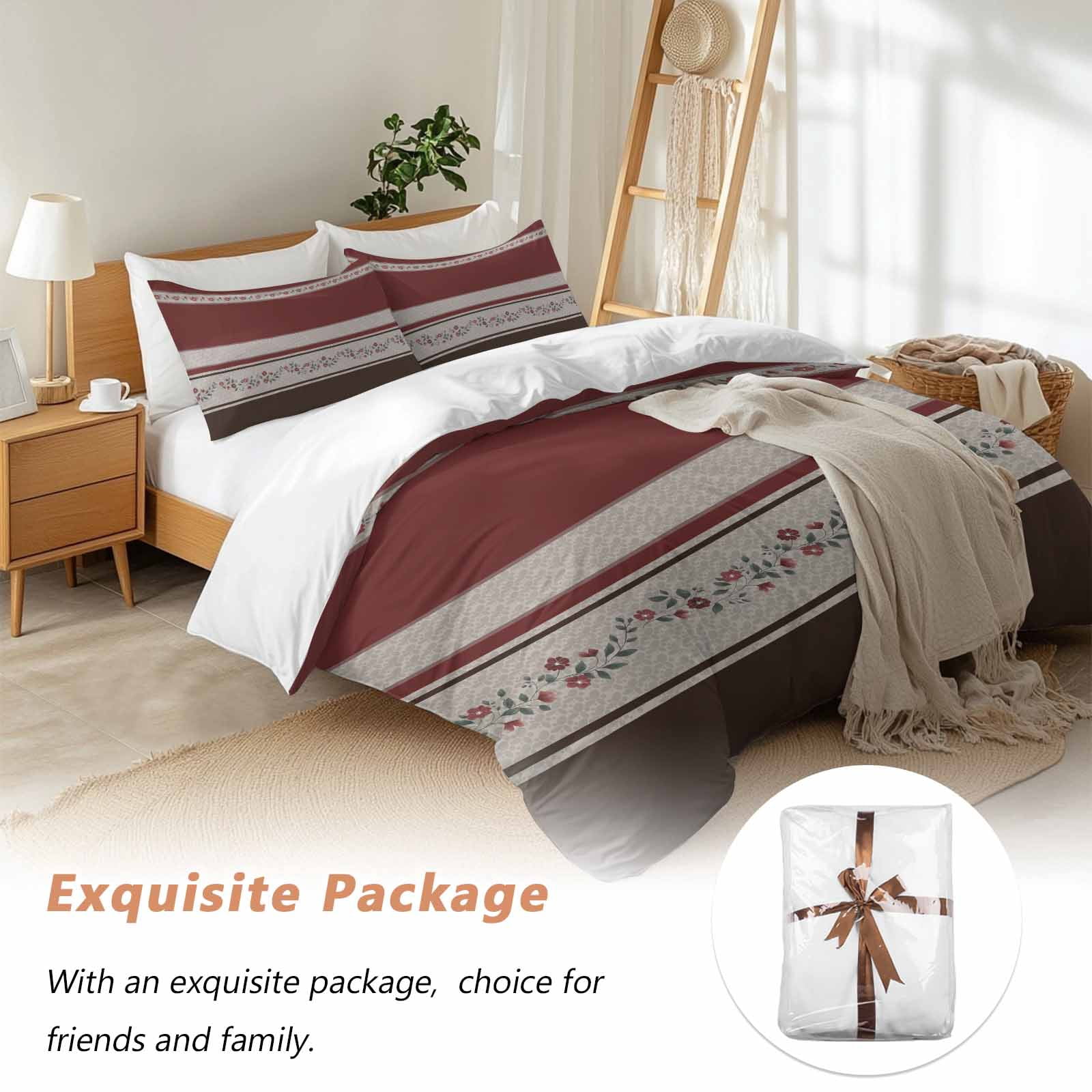 Red Floral Bedding 3 Piece Duvet Cover Set California King, Modern Farmhouse Leaves Brown Striped Microfiber Comforter Cover with Zipper Closure & Pillowcases, Wrinkle & FadeResistant Quilt Cover