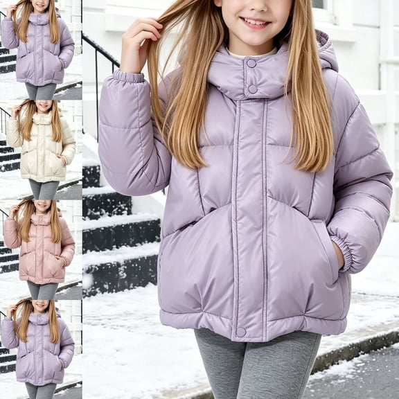 ITSAME Girls Water Resistant Hooded Puffer Jacket Full Zip Warm Winter Coat with Pockets Purple Size 8
