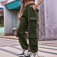 thumbnail image 2 of Womens Cargo Pants High Waisted Wide Leg Casual Pants Baggy Y2k Trousers with 8 Pockets  Green L, 2 of 5
