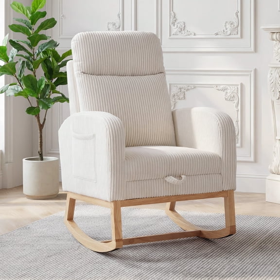Nursery Rocking Chair, Corduroy Upholstered Rocking Chair with Adjustable Footrest, Tufted Rocker Chair with Side Pocket, Glider Rocker for Living Room, Bedroom