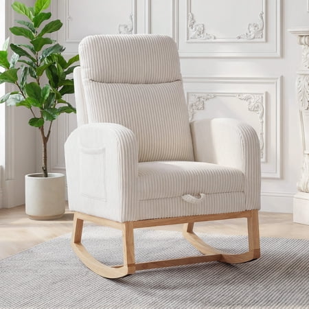 Nursery Rocking Chair, Upholstered Rocking Chair with Footrest, Rocking Accent Chair Padded Seat with High Backrest, Side Pocket & Wood Base, Armchair Comfy Side Chair for Living Room Bedroom Offices