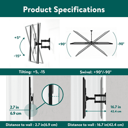 onn. Full Motion TV Wall Mount for 19 to 50 TVs, up to 15° Tilting
