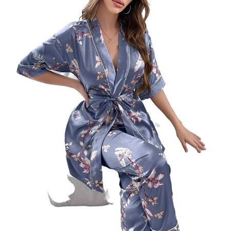 

Elegant Floral Shawl Collar Pant Sets Multicolor Elbow-Length Women Pajama Sets S