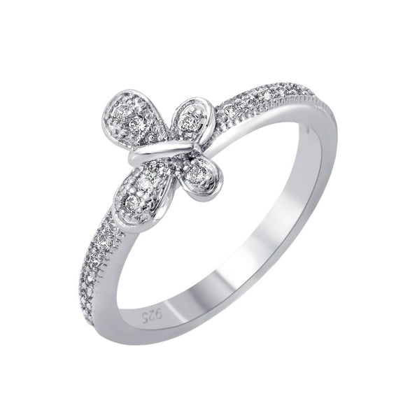 Rhodium Plated Sterling Silver 925 Clear Pave Set Butterfly Ring White CZ Jewelry Female Size 7
