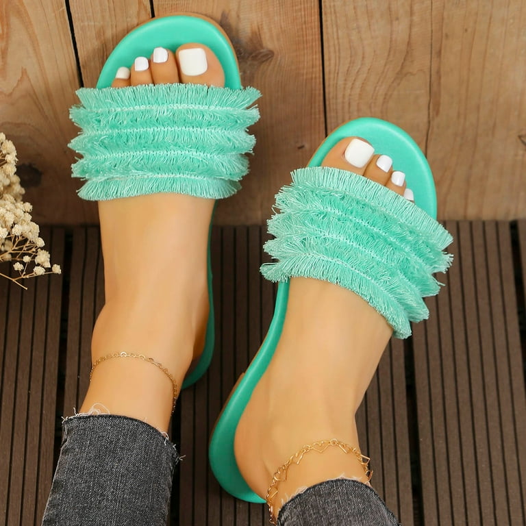 Fuzzy Slippers Women Size 13 Women Slippers Fashion New Pattern Summer Open Toe Flat Bottom Large Size Cloth Surface Comfortable Non Slip Beach Casual