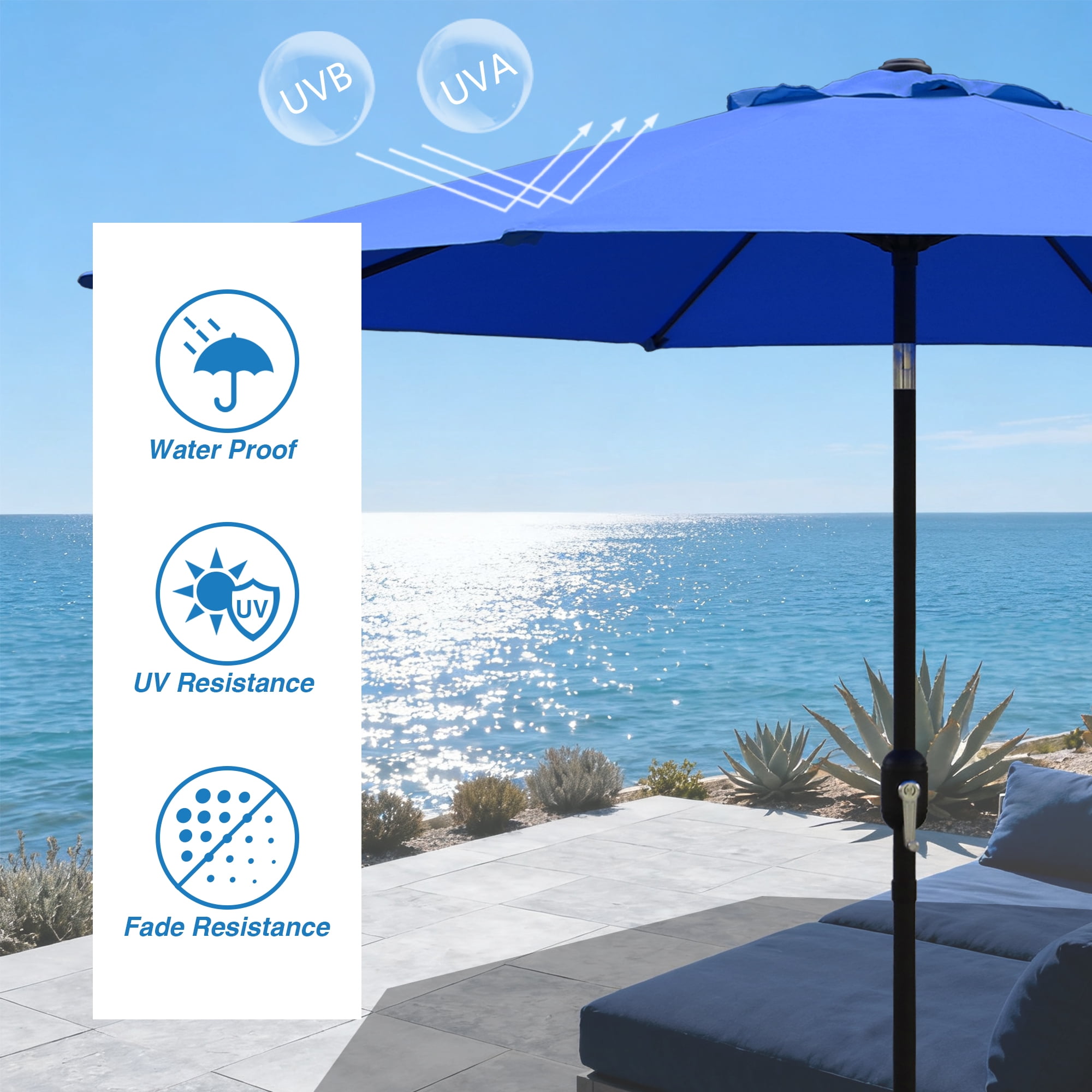 Abble Outdoor 9ft Patio Umbrella with Crank Handle and Push Button Tilt, Outdoor Market Umbrella with 8 Ribs for Garden, Deck, Backyard, Pool, Royal Blue