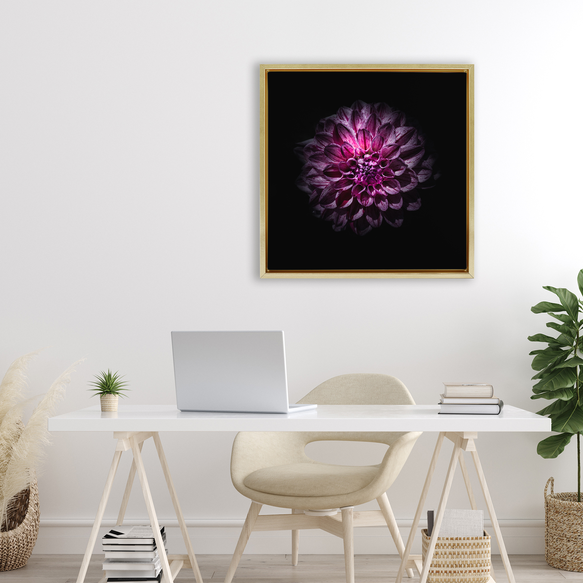 Purple Dahlia Dark Contemporary Gold Framed Floater Canvas Wall Art, design by Brian Carson Photography