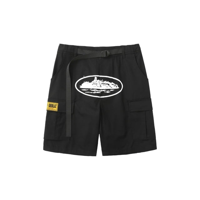 Pantalones cortos holgados de pierna ancha con hebilla lateral y múltiples bolsillos de estilo europeo y americano para hombre