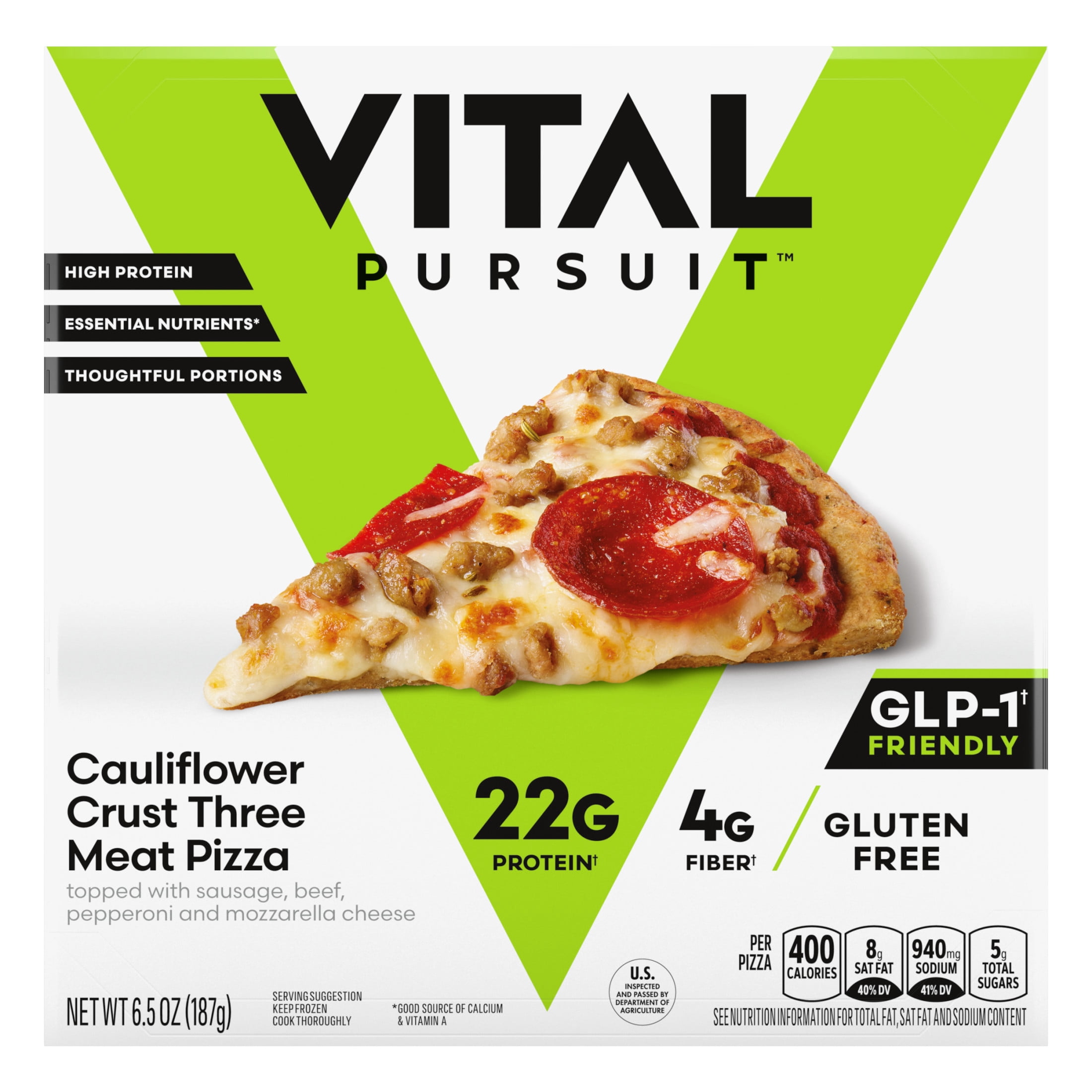 Vital Pursuit High Protein Personal Three Meat Pizza with Cauliflower Crust Frozen Food, Air Fryer Ready Dinner Meal, 6.5 oz (Frozen)