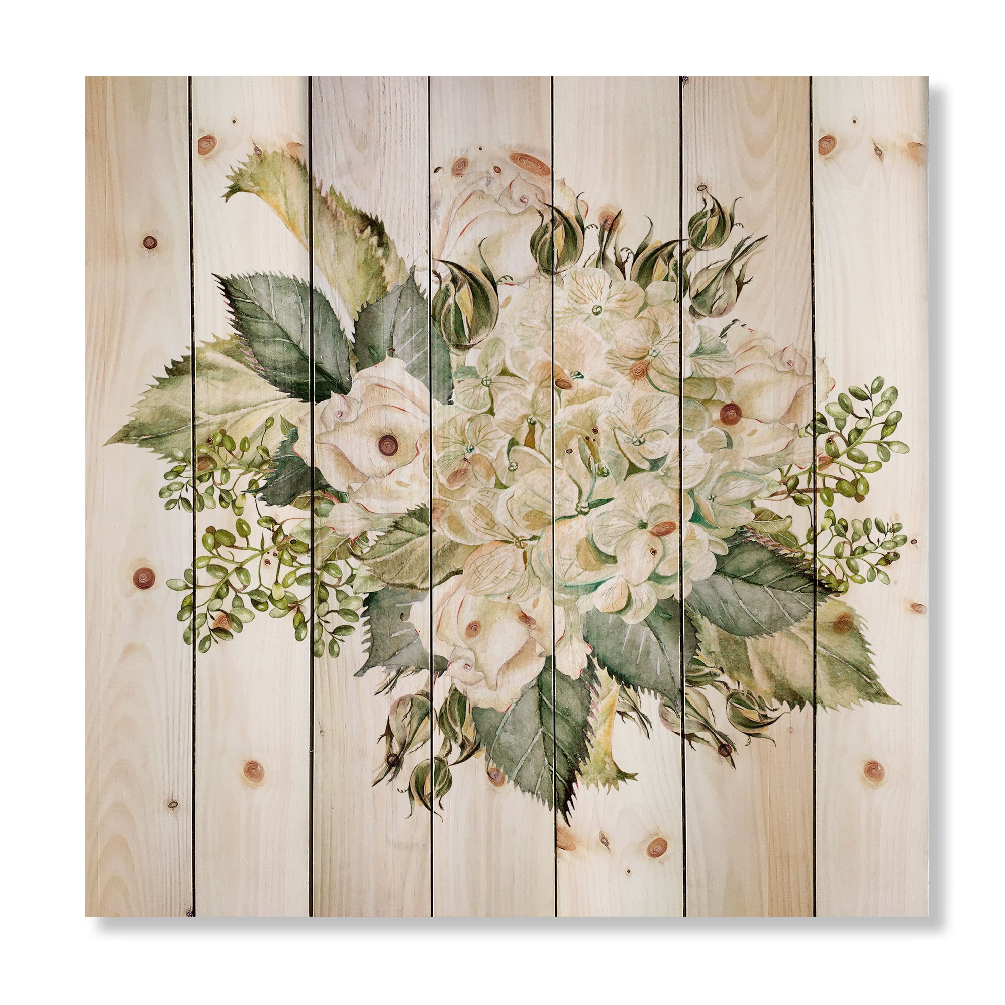Designart 'Beautiful Bouquet With Roses and Hudrangea' Farmhouse Print on Natural Pine Wood