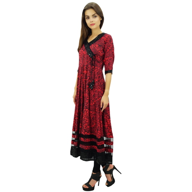 Phagun Robe Kurta Style Angrakha Rouge Ligne A pour Femmes Tunique Évasée-8